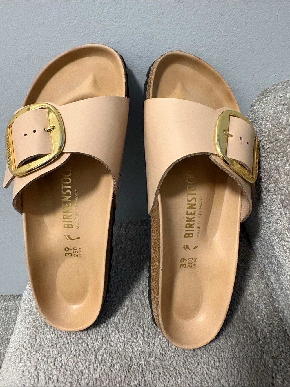 Birkenstock Women’s Madrid Single Strap Sandal in Nude with Gold Buckle